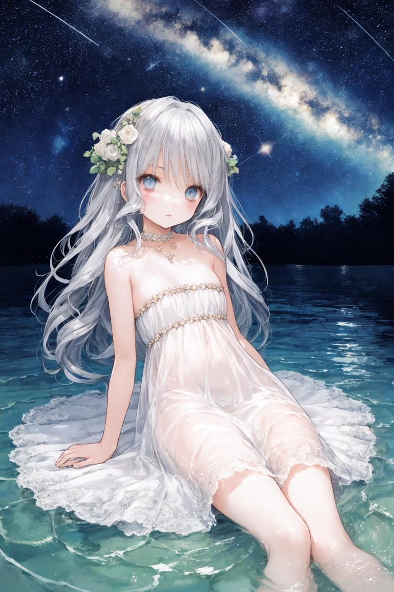 04464-1801674116-{masterpiece,best quality,illustration,1 girl,adult female,blue eyes,(starry sky long hair silver),starry sky dress,lying flat o.png